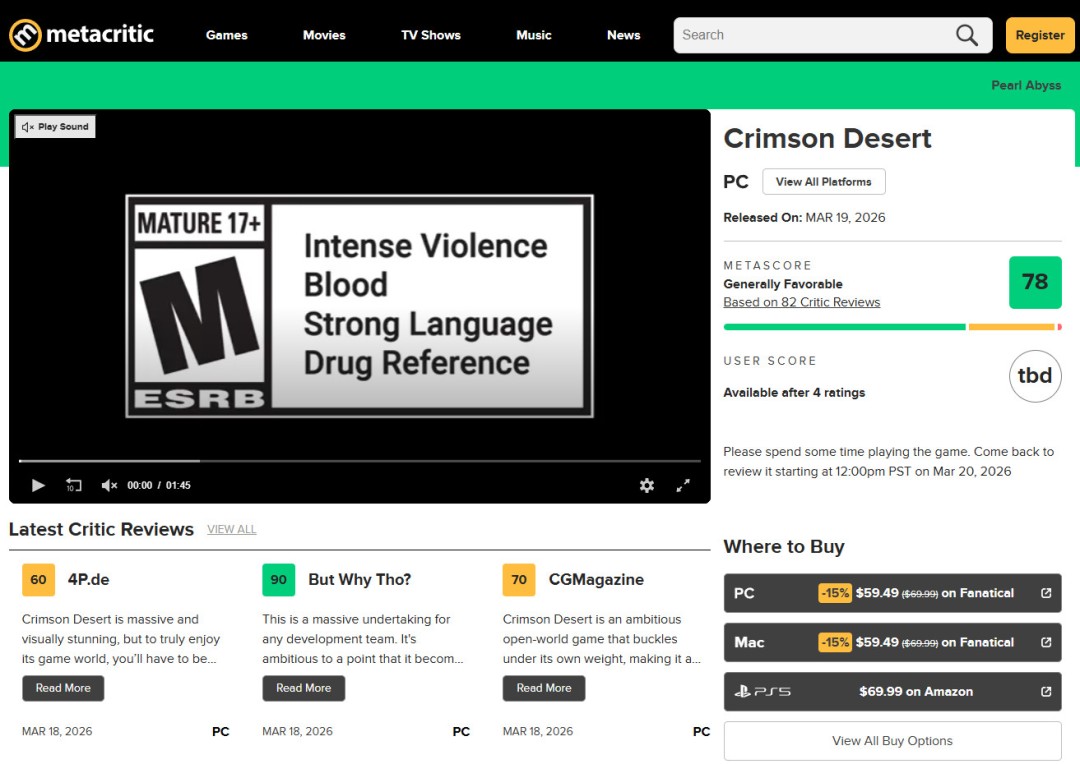 《红色沙漠》IGN临时评分6分 MTC综合均分78分