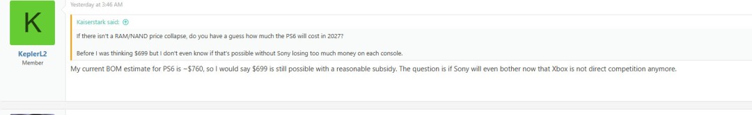 曝PS6成本约760美元 定价可能接近1000美元