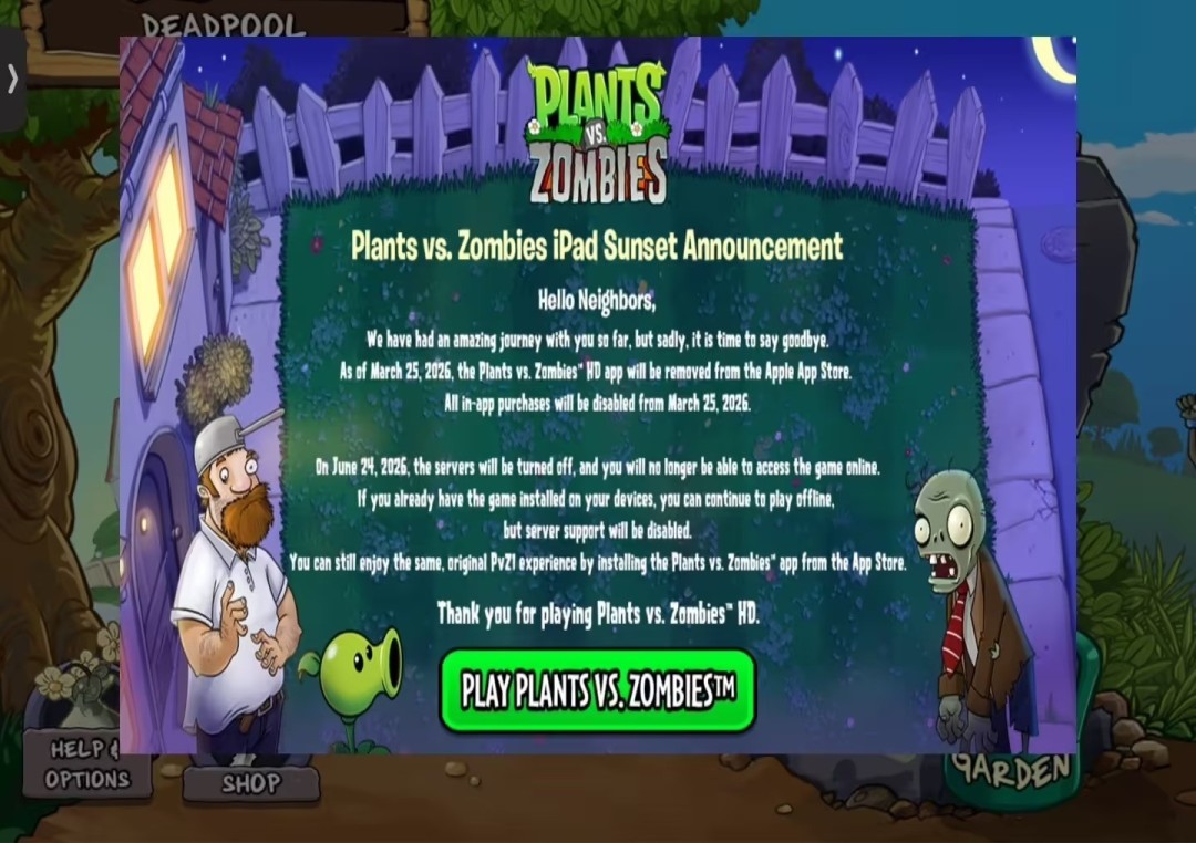 《植物大战僵尸HD》将于6月停服 发售17年后落幕
